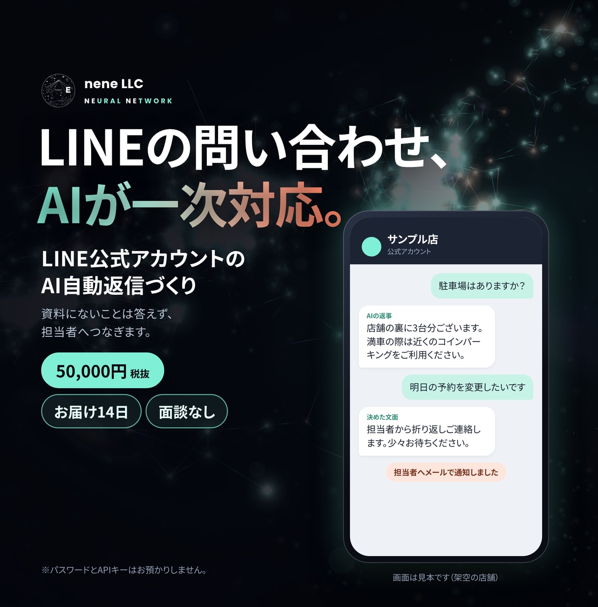 LINEの問い合わせにAIが答え担当者へつなぎます 資料にないことは答えず、担当者へ知らせます イメージ1