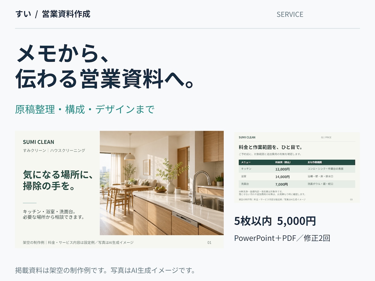 原稿から伝わる営業資料を5枚作成します 個人事業主・小規模企業向け。営業経験を生かして構成 イメージ1