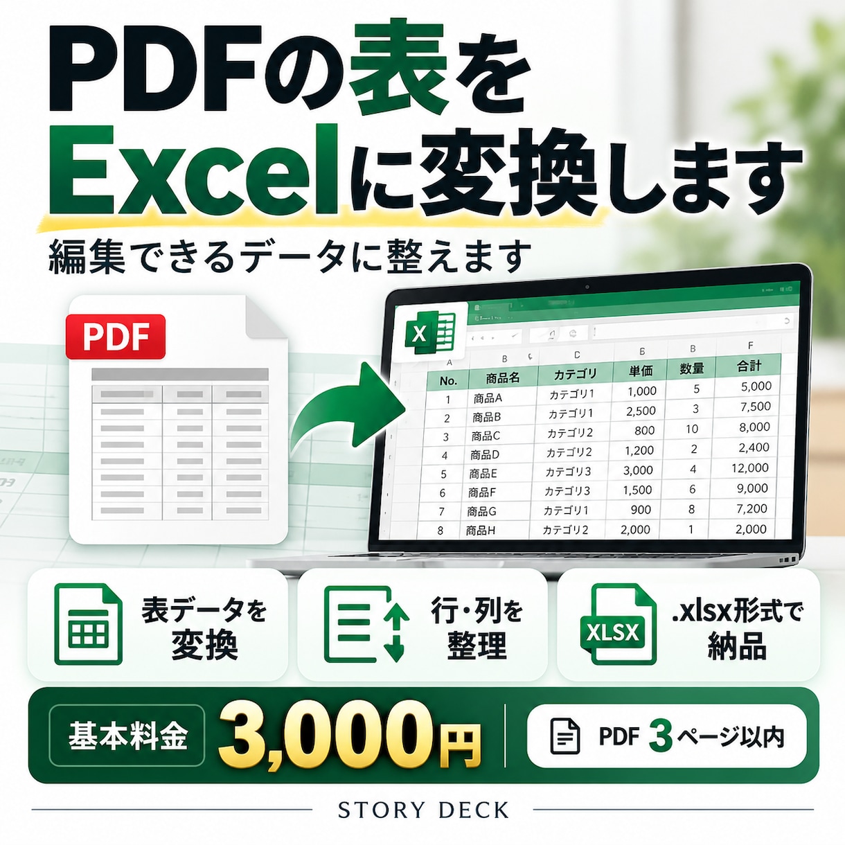 PDFの表をExcelに変換します PDFの表を編集できるExcelに整えます イメージ1