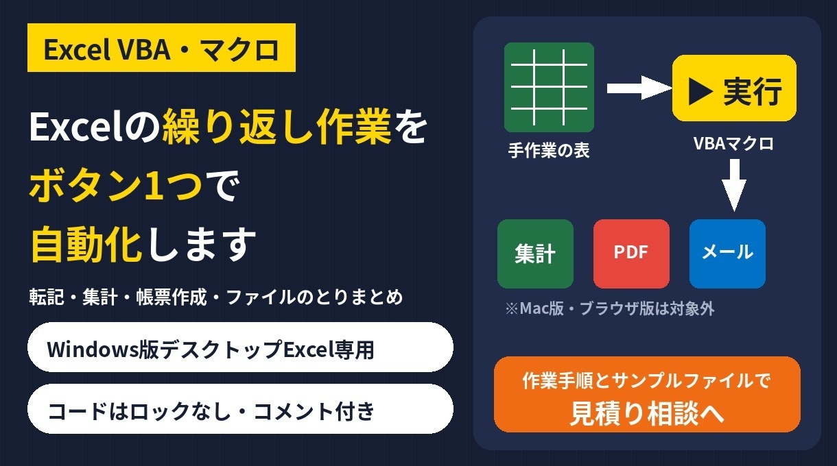 Excelの繰り返し作業をVBAで自動化します デスクトップ版Excelの手作業をボタン1つに イメージ1