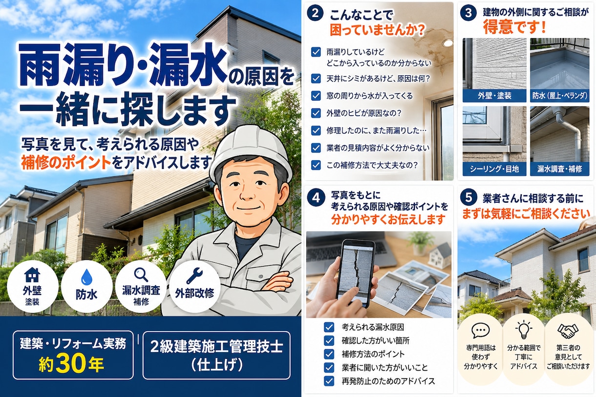 雨漏り・漏水の原因を｜外壁・防水のプロが探します 実務約30年の経験をもとに、写真や状況からアドバイスします。 イメージ1