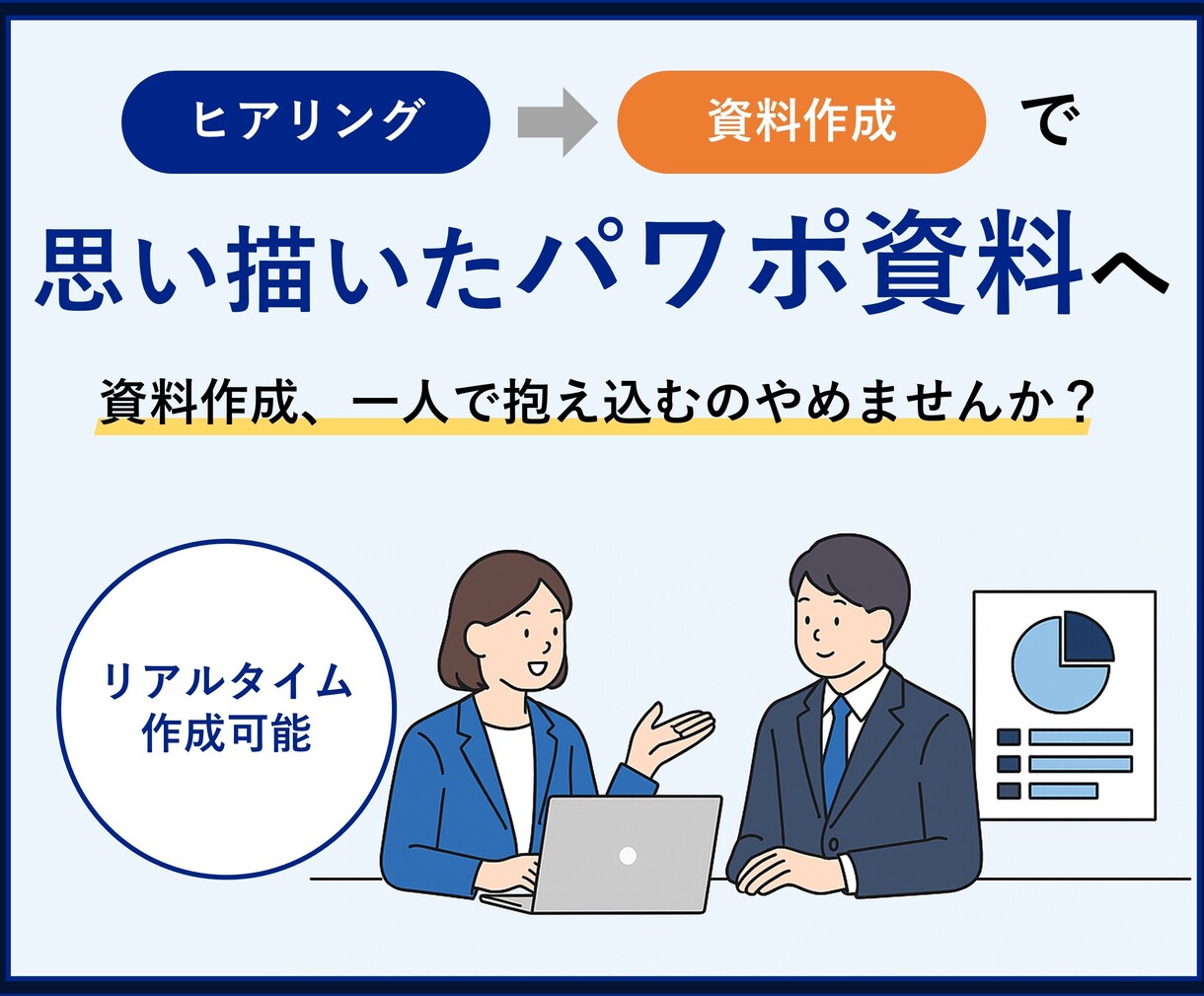 相談→作成で、あなたのイメージを一緒に資料にします リアルタイムでの作成にも対応！思考を整理して伝わる資料へ イメージ1