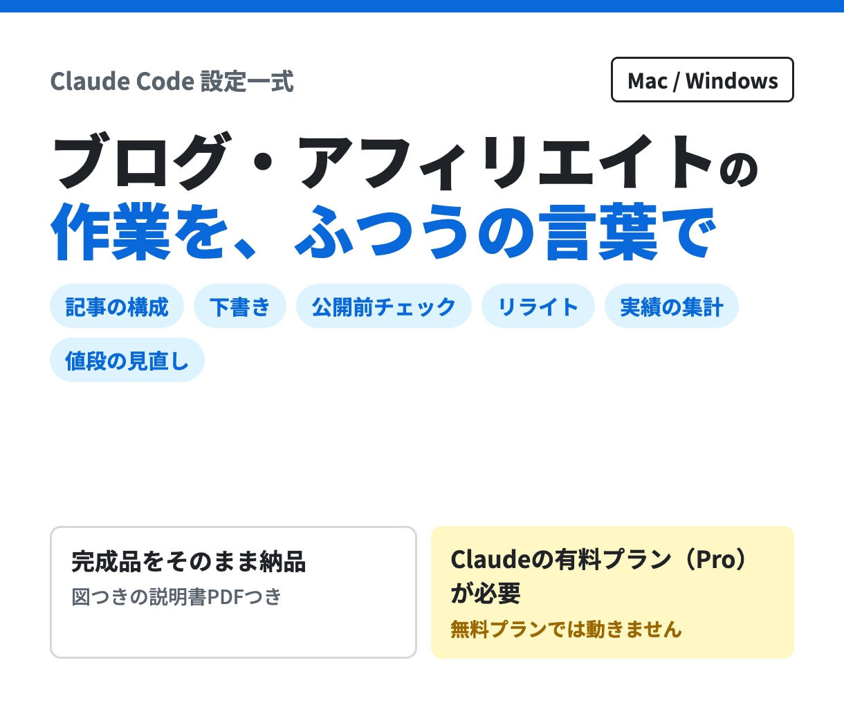 ブログ用Claude Code設定一式を納品します アフィリエイト記事の構成・下書き・公開前チェックに イメージ1
