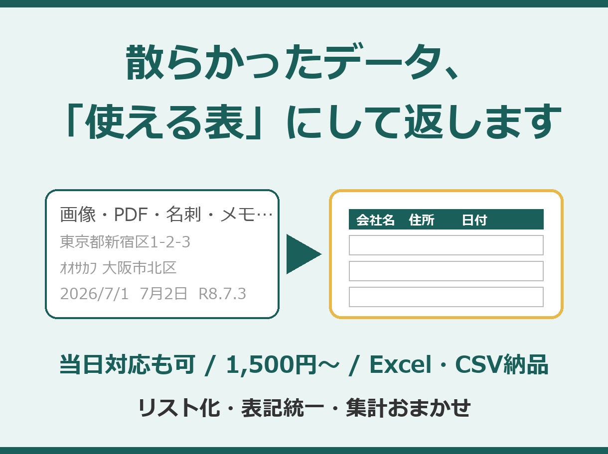 データ整理・リスト化・表整形を代行します 散らかったデータを「使える表」に。当日対応も可 イメージ1