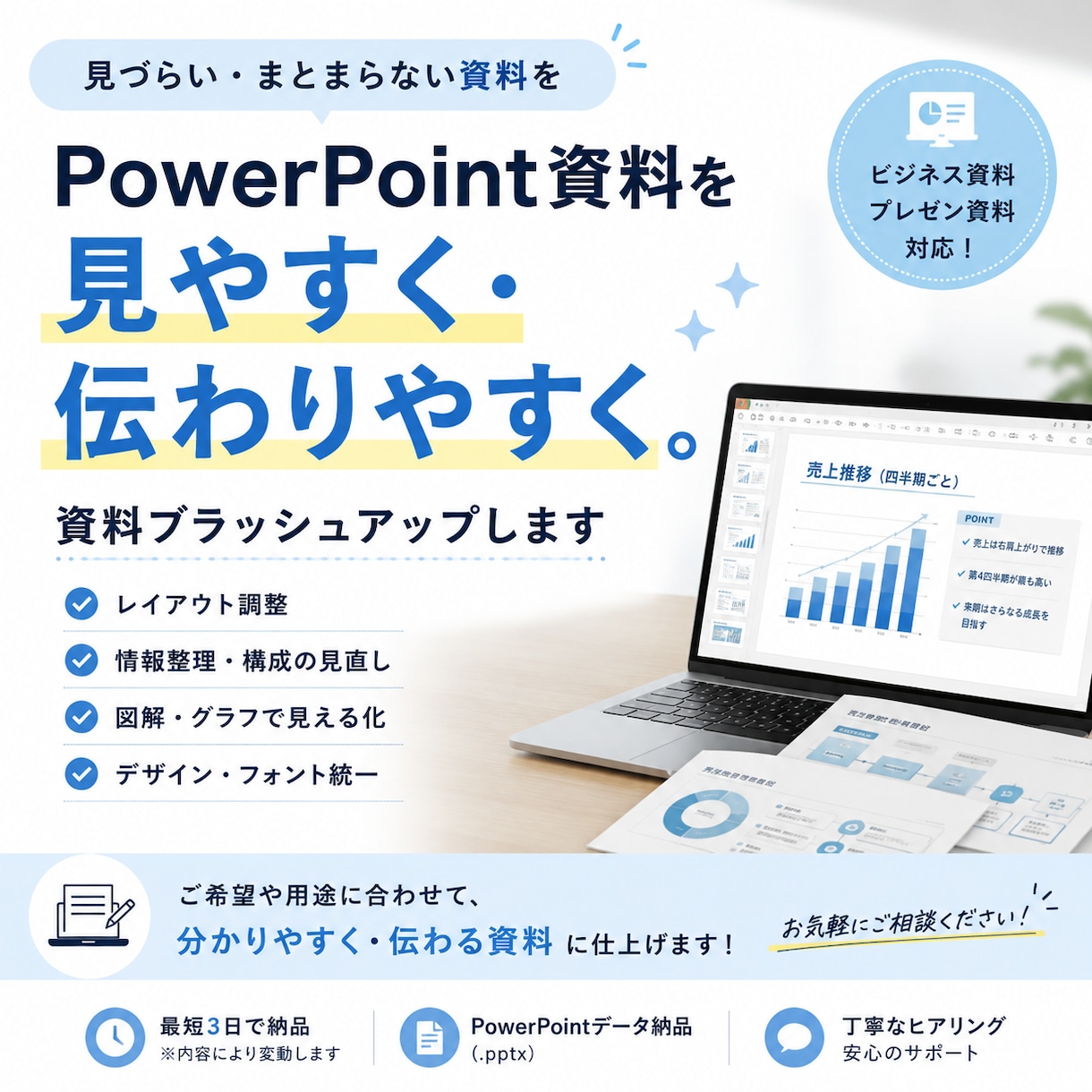 PowerPoint資料を見やすく整えます 見づらい・まとまらない資料を、分かりやすくブラッシュアップ イメージ1