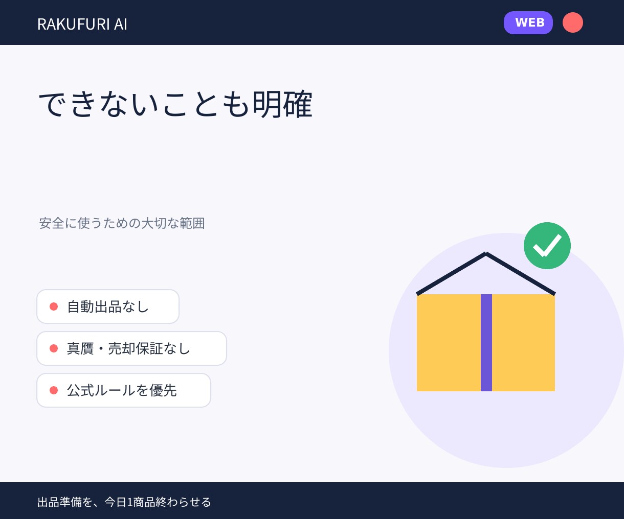 初心者向けフリマ出品準備Webツールを提供します 5問から、タイトル・説明・写真・価格・返信まで順番に整理 イメージ6