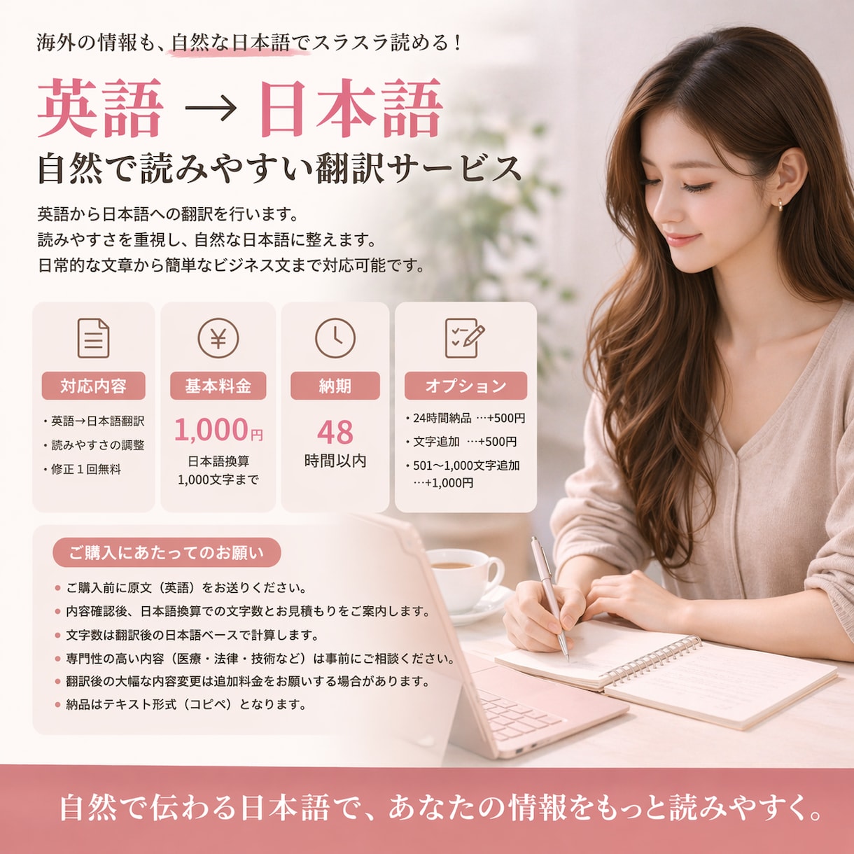 英語→日本語｜自然で読みやすい翻訳をします 直訳ではなく、自然で違和感のない日本語に整えます。 イメージ1