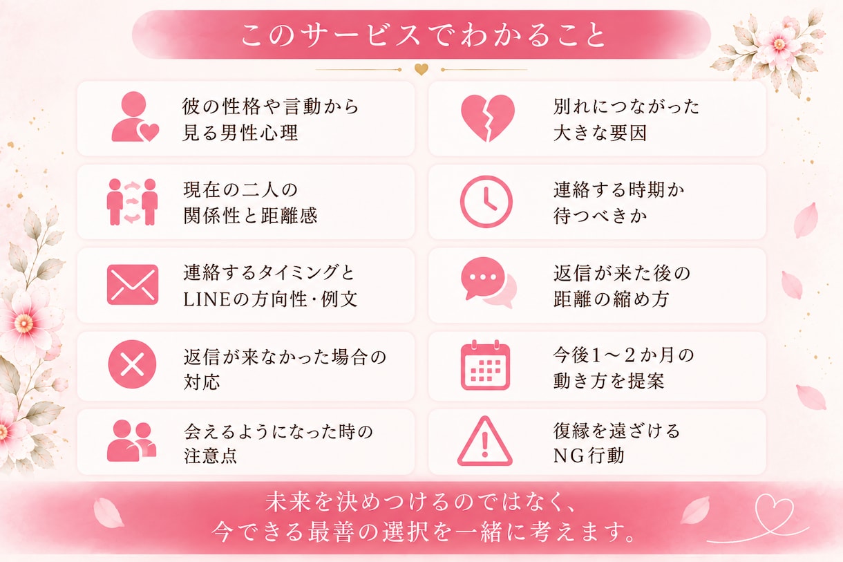 復縁したい方へ彼との今後1〜2か月を個別に考えます 別れた原因から彼の心理、連絡・再会まで一緒に考えます イメージ3