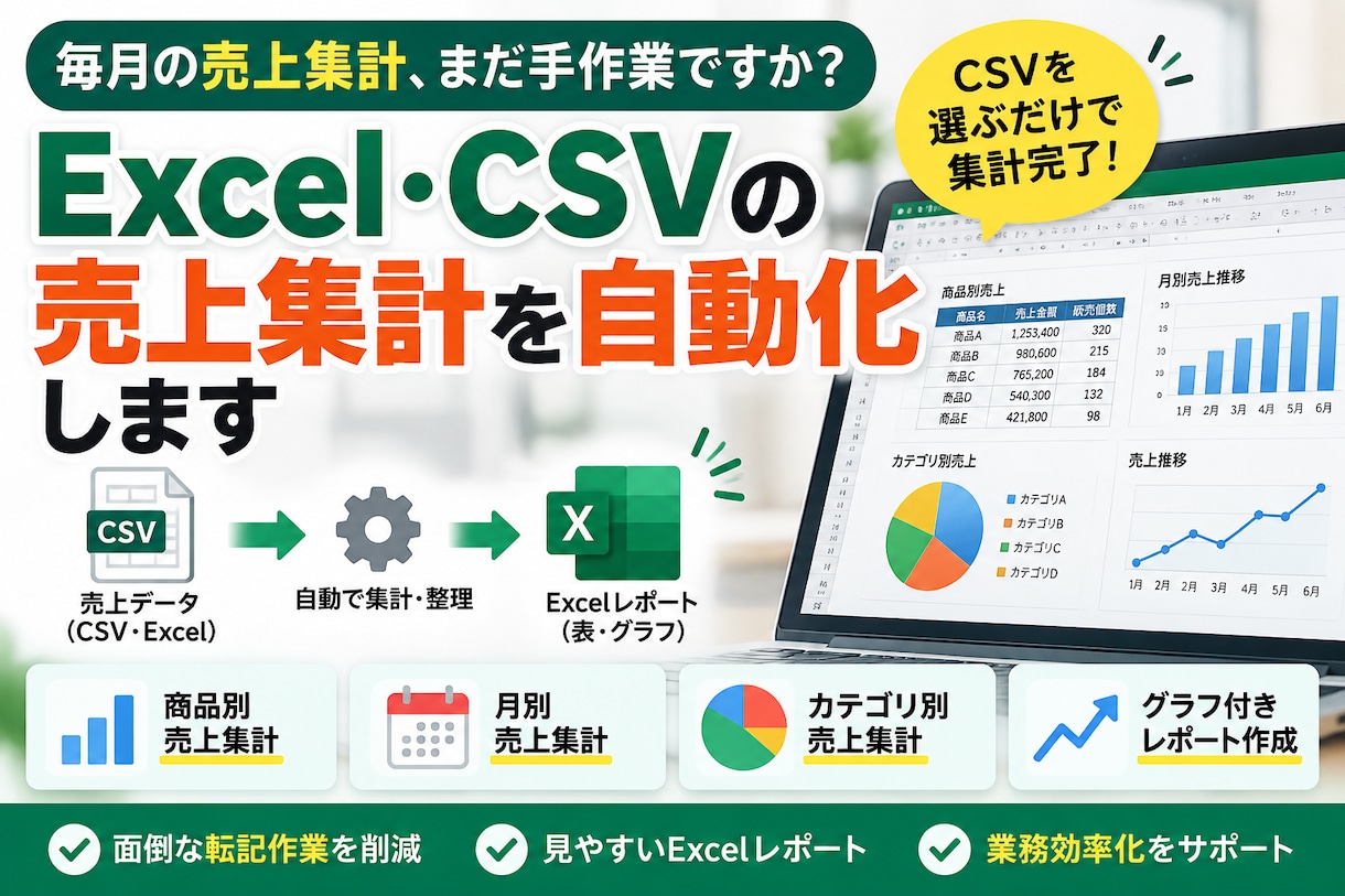 Excelの売上集計を自動化します CSVから商品別・月別の売上レポートを自動作成 イメージ1