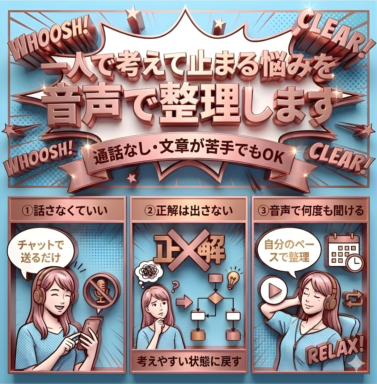 今の悩みを音声で整理し次にやることを一緒に決めます 文章が苦手でもOK。今の状況を話さずに整理します イメージ1