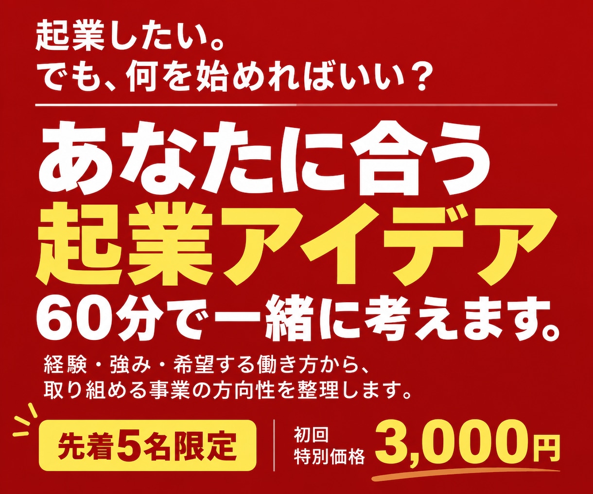 あなたに合う起業アイデアを60分で一緒に考えます 経験や強みを整理し、実現可能な事業の方向性を探ります イメージ1