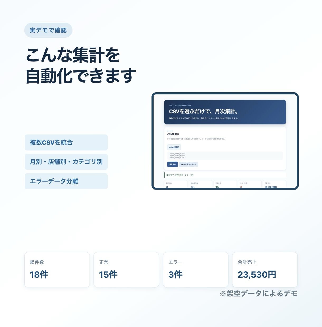 毎月のCSV集計を自動化します CSVを選ぶだけでExcel集計表を自動作成 イメージ3