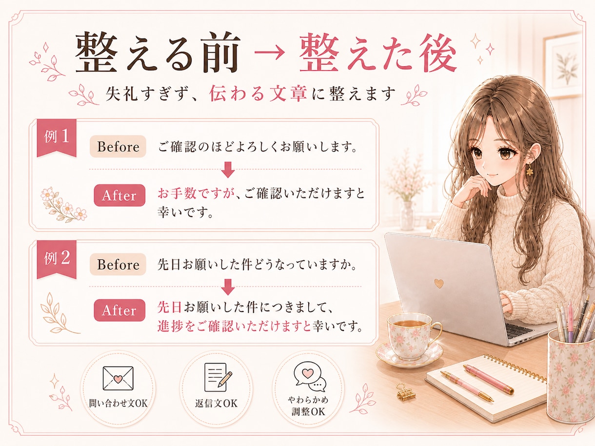 問い合わせ文・仕事メールを丁寧な文章に整えます 事務経験を活かし、伝わりやすく丁寧な文面に整えます。 イメージ4