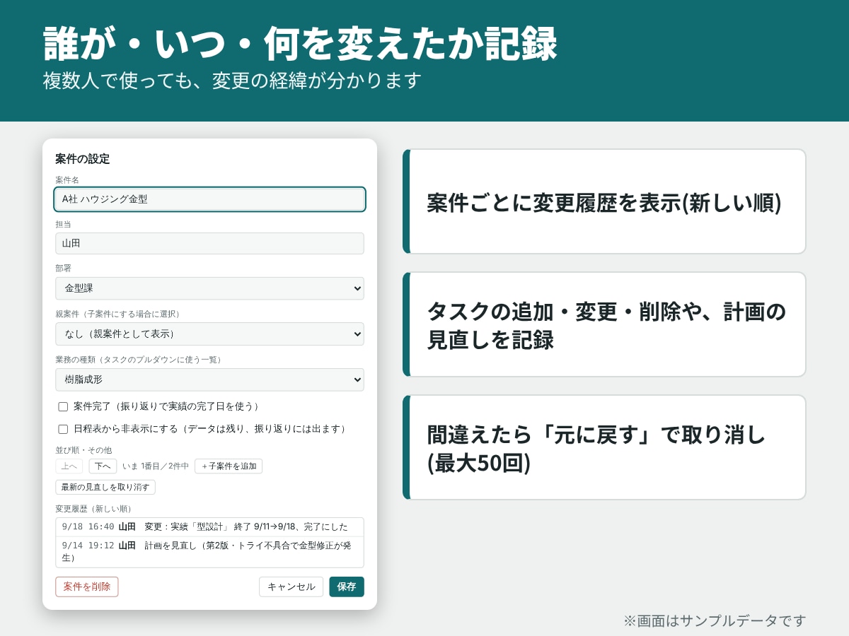 共有フォルダだけで使える日程管理ツールを導入します サーバも、アカウント登録も、IT部門の作業も要りません。 イメージ6