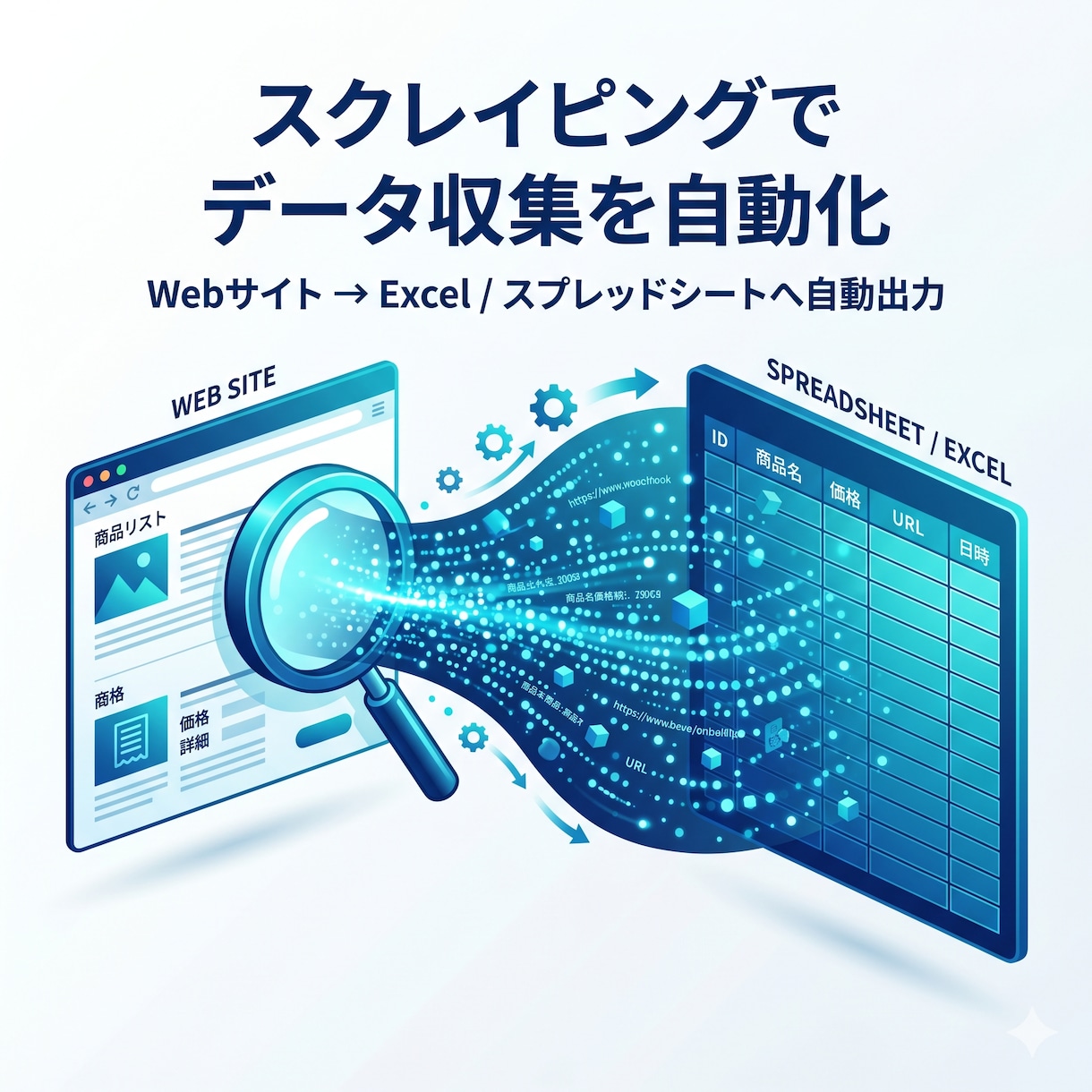 スクレイピングでWebデータを自動収集します 対象サイトのデータをExcel/スプレッドシートへ自動収集 イメージ1