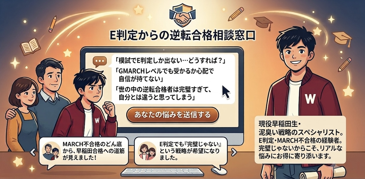 現役早稲田生がリアルな受験戦略・勉強相談に乗ります E判定・MARCH不合格の僕だから教える早稲田逆転合格リアル イメージ2