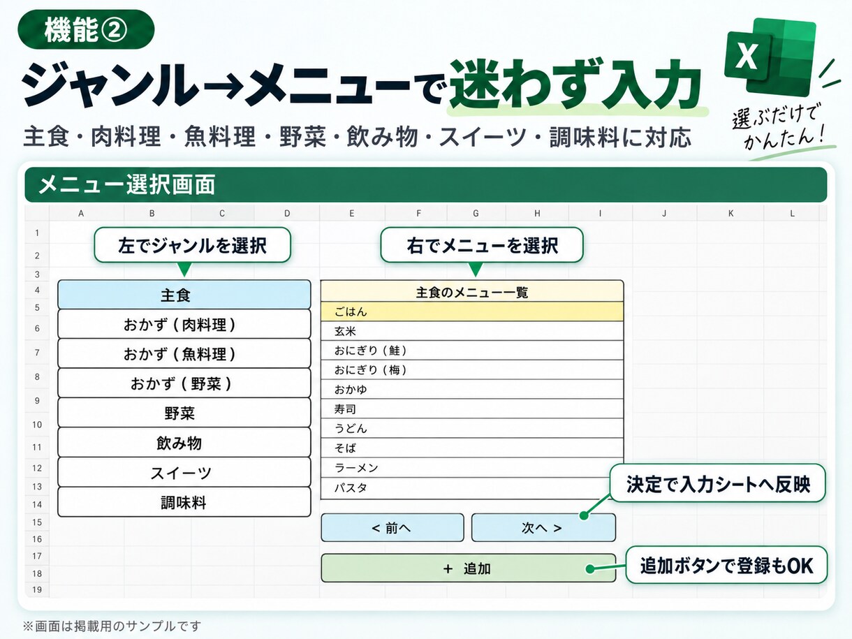 食事・栄養・体重をExcelで簡単管理します 191品収録！選ぶだけで栄養と体重を自動集計 イメージ4