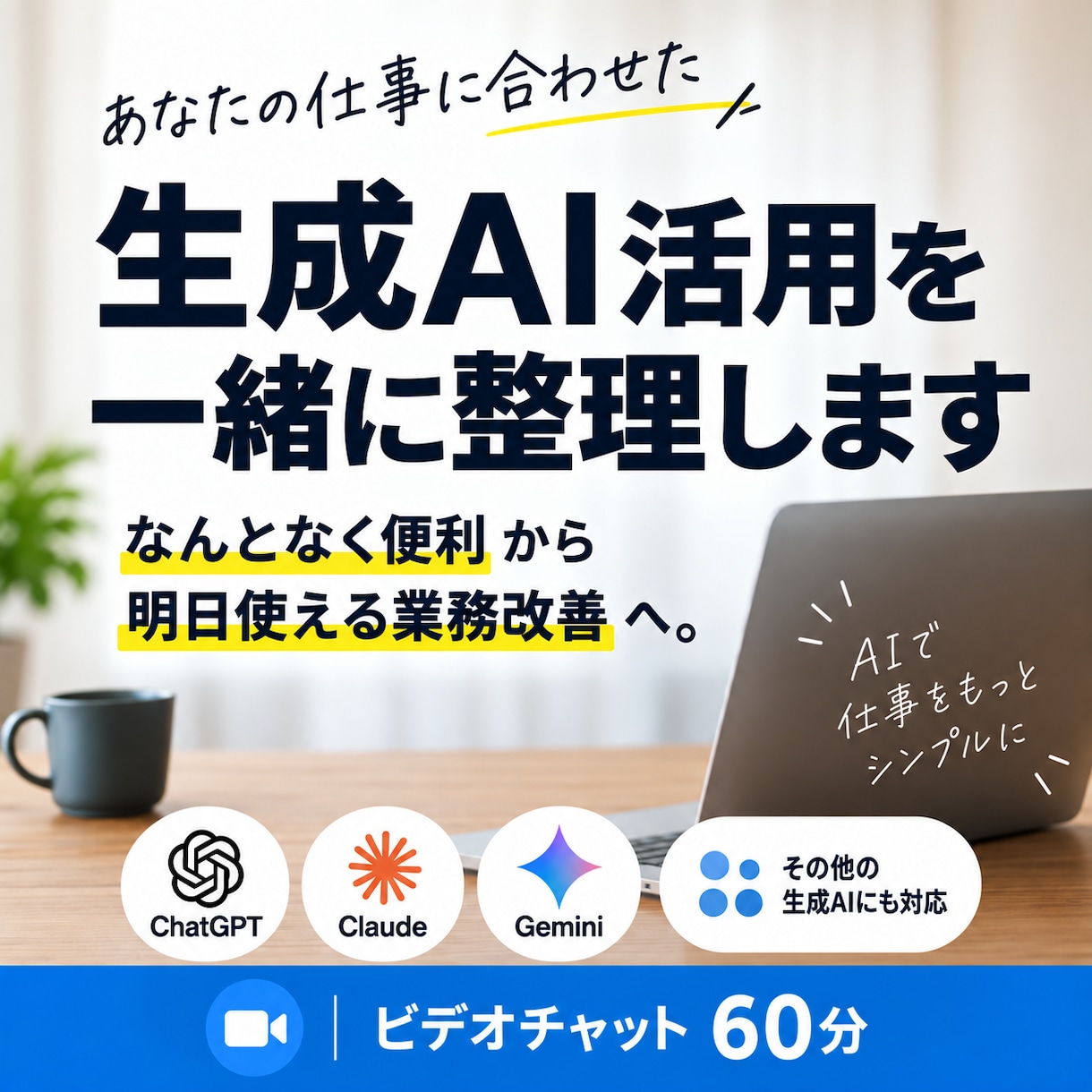 仕事での生成AI活用を一緒に整理しますます 生成AIを『なんとなく便利』から『明日使える業務改善』へ。 イメージ1