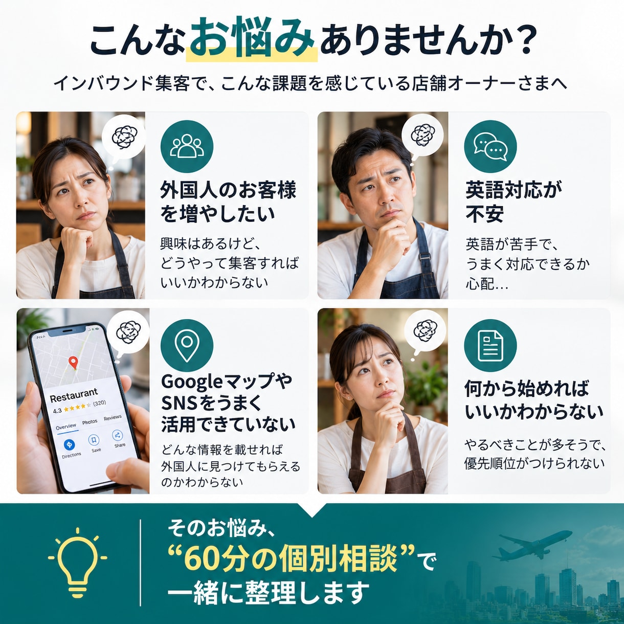 外国人客を増やす店舗の集客・英語対応を診断します Googleマップ・SNS・接客英語を60分で整理 イメージ2