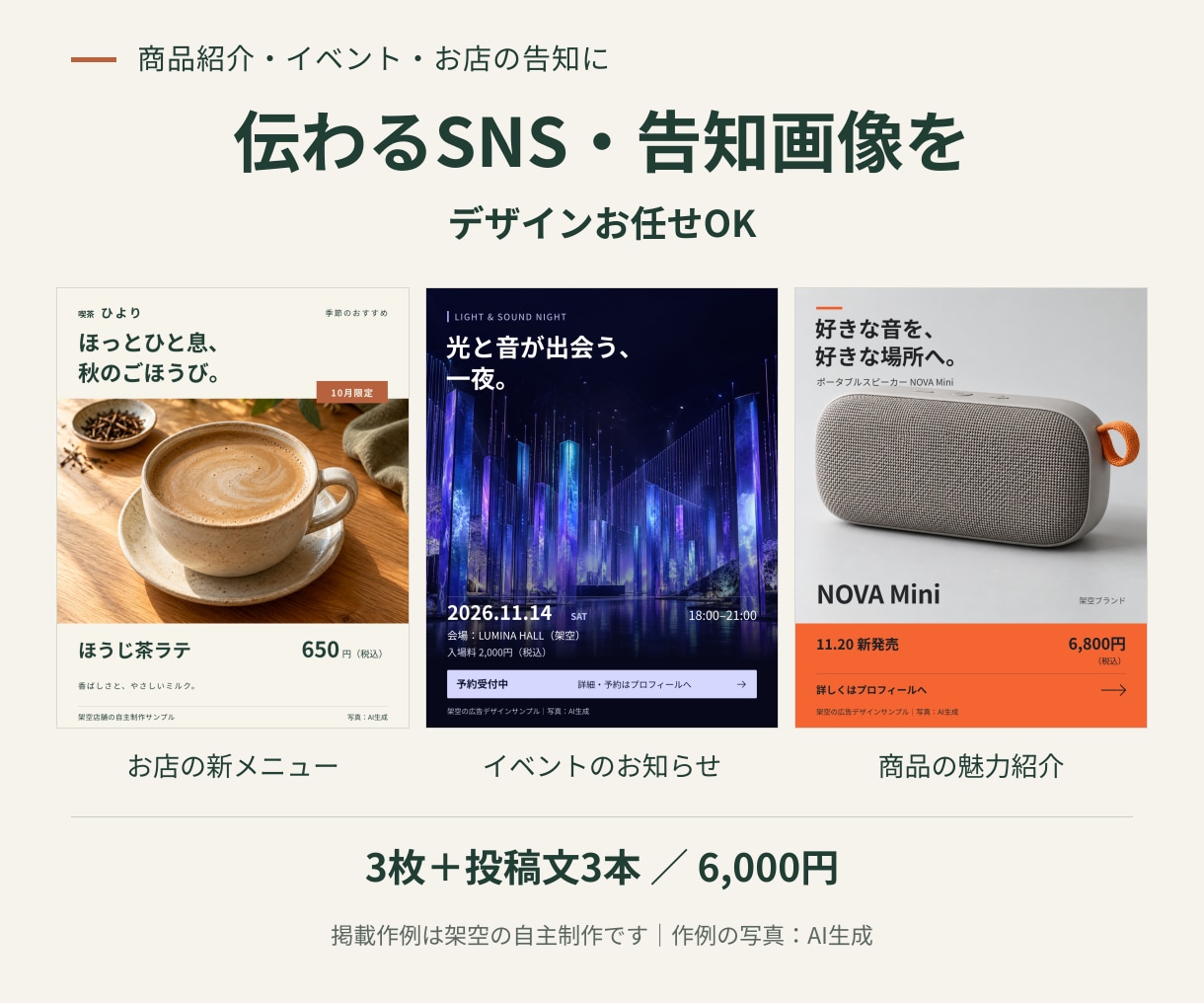 SNS・商品紹介・告知画像を3枚制作します デザインお任せOK。お店やイベントに、投稿文3本付き イメージ1