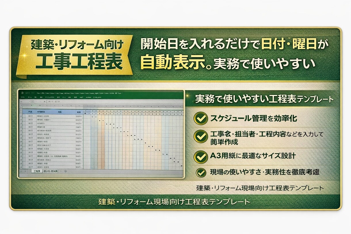 建築・リフォーム業向け工程表テンプレを販売ます 日付と曜日が自動表示の実務用 15〜30字で収まる イメージ3