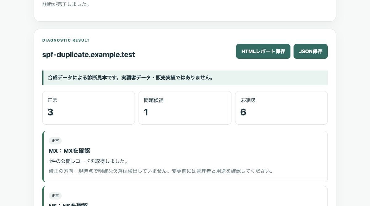 SPF・DKIM・DMARCを診断します 公開DNSからメール認証の問題候補と未確認事項を整理します イメージ1