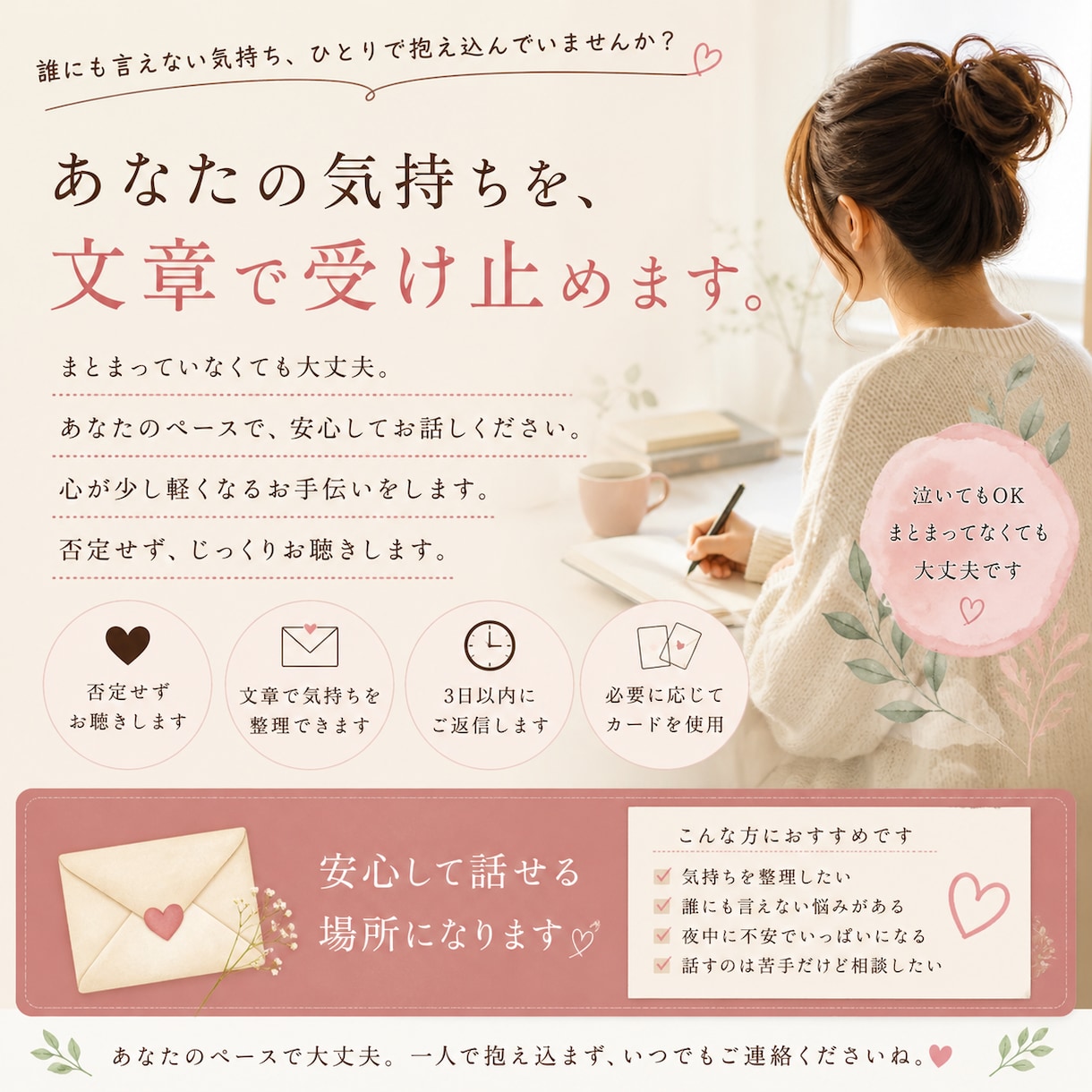 不安でいっぱいの気持ち、文章で受け止めます 誰にも言えない気持ち、あなたと一緒にゆっくり整理します イメージ1