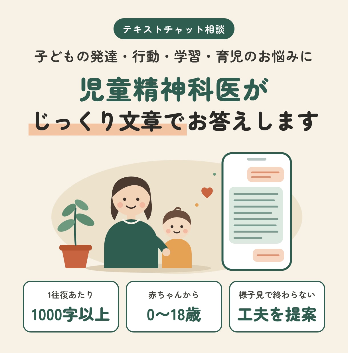 子どもの発達の悩み。児童精神科医がチャットします 基本2往復のチャット形式。1000字以上で回答します。 イメージ1