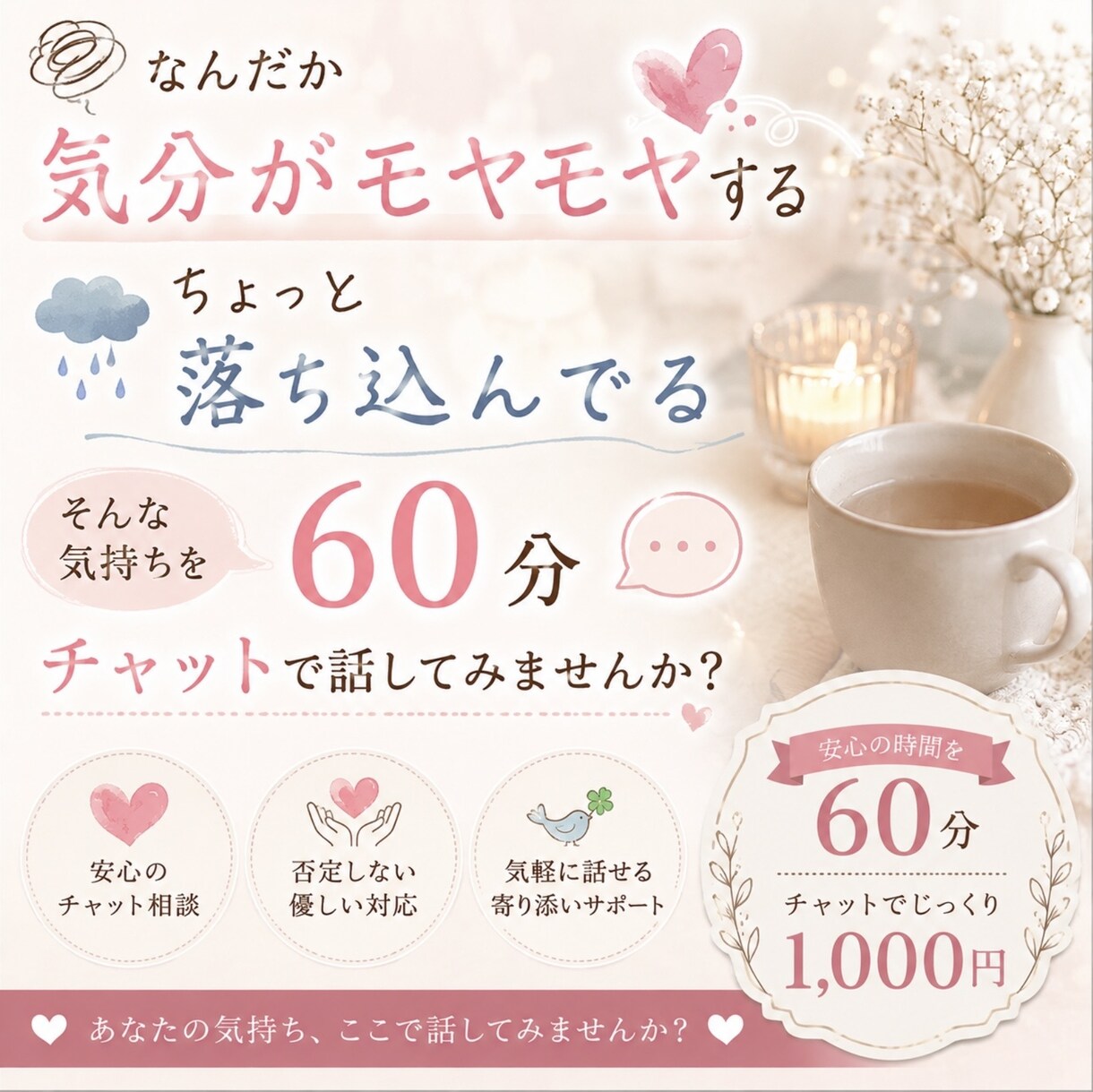 あなたのお話を60分チャットでゆっくりお聞きします モヤモヤした気持ち話してスッキリしませんか？ イメージ1