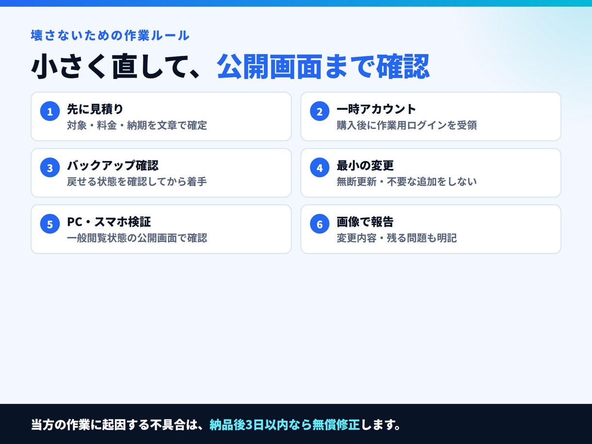 自分で更新して崩れたWordPressを修正します 月額料金不要。必要な箇所だけお直し イメージ7