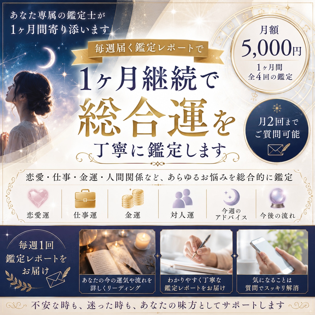 1ヶ月継続で総合運を毎週運勢レポートとして届けます 毎週届く鑑定で、人生の流れを見失わない。一瞬を見逃さない イメージ1