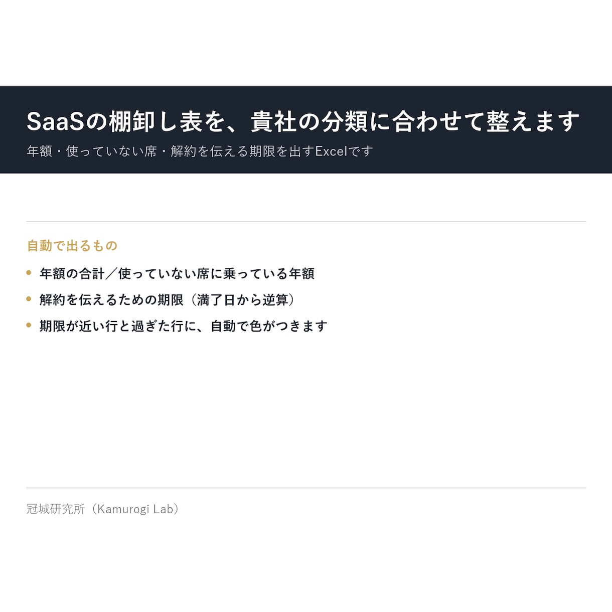 SaaSの棚卸し表を、貴社の分類に合わせて整えます 年額・使っていない席・解約を伝える期限を出すExcelです イメージ1