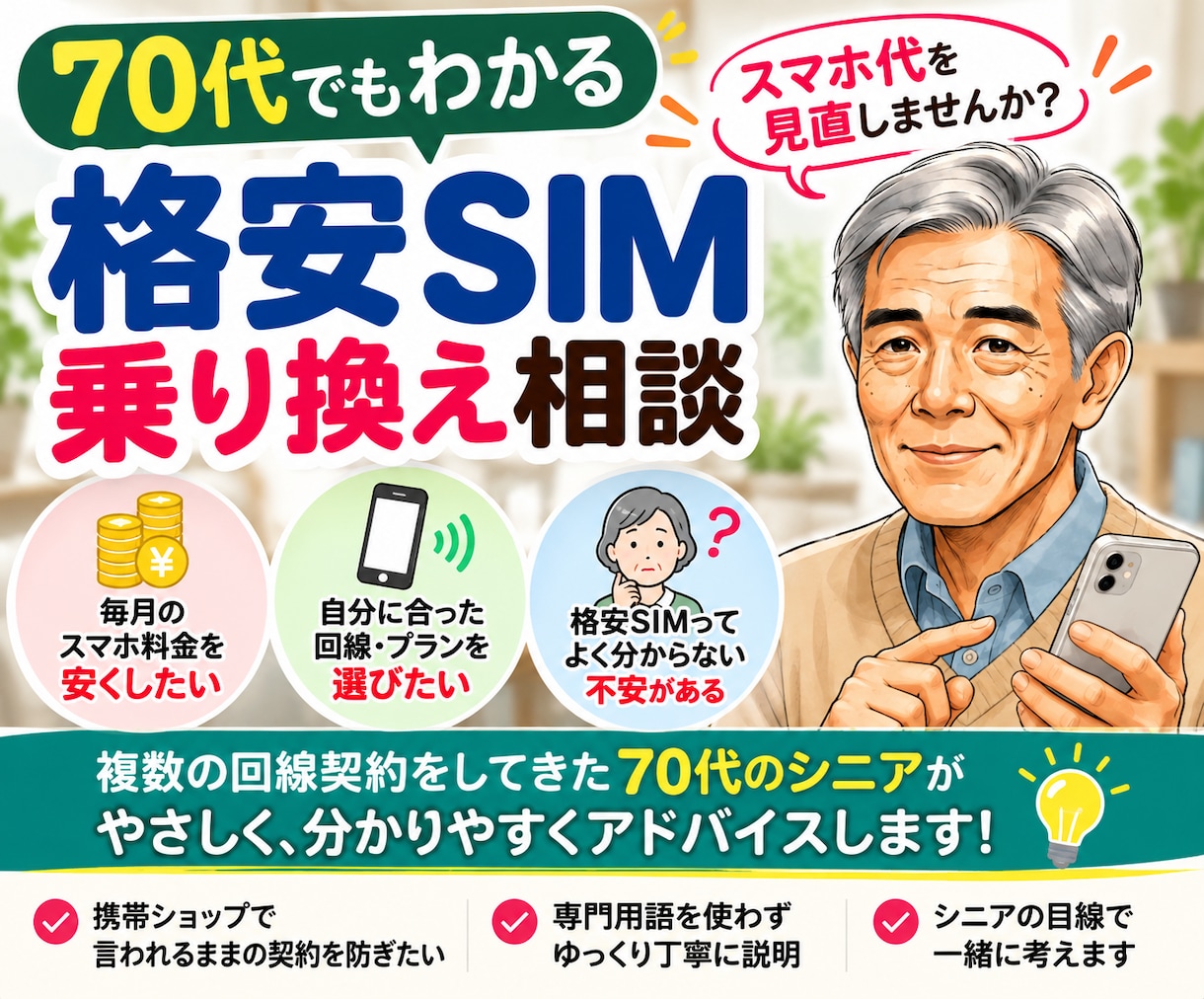 携帯料金見直しのお手伝いをします スマホ代を見直す、シニアの相談窓口 イメージ1