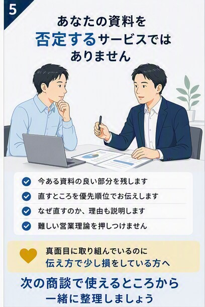 一生懸命なのに伝わらないBtoB提案資料を整えます 顧客課題・説明順・次の商談へのつながりを営業目線で改善 イメージ5
