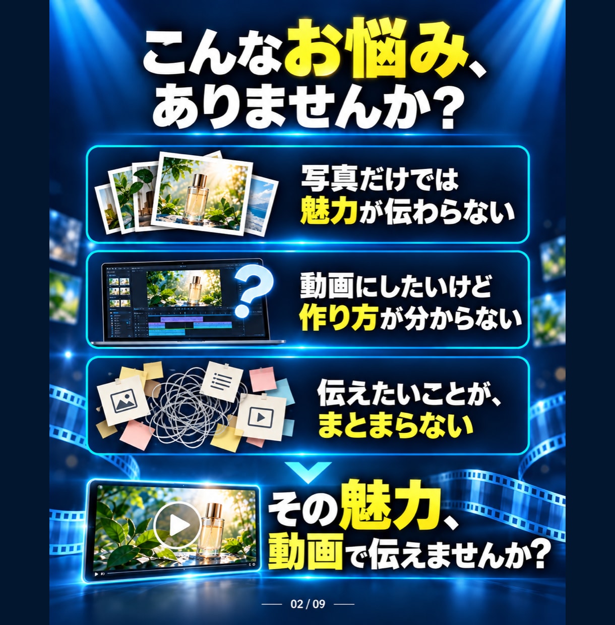 商品の魅力が伝わる広告動画を制作します 伝えたい魅力を整理し、短い動画で分かりやすく イメージ2