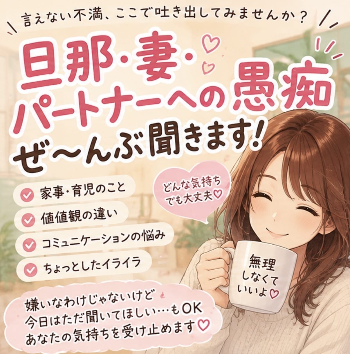 旦那・妻・パートナーへの愚痴ぜ〜んぶ聞きます 家事・育児・価値観の違い☆.*言えない不満を吐き出して下さい イメージ1