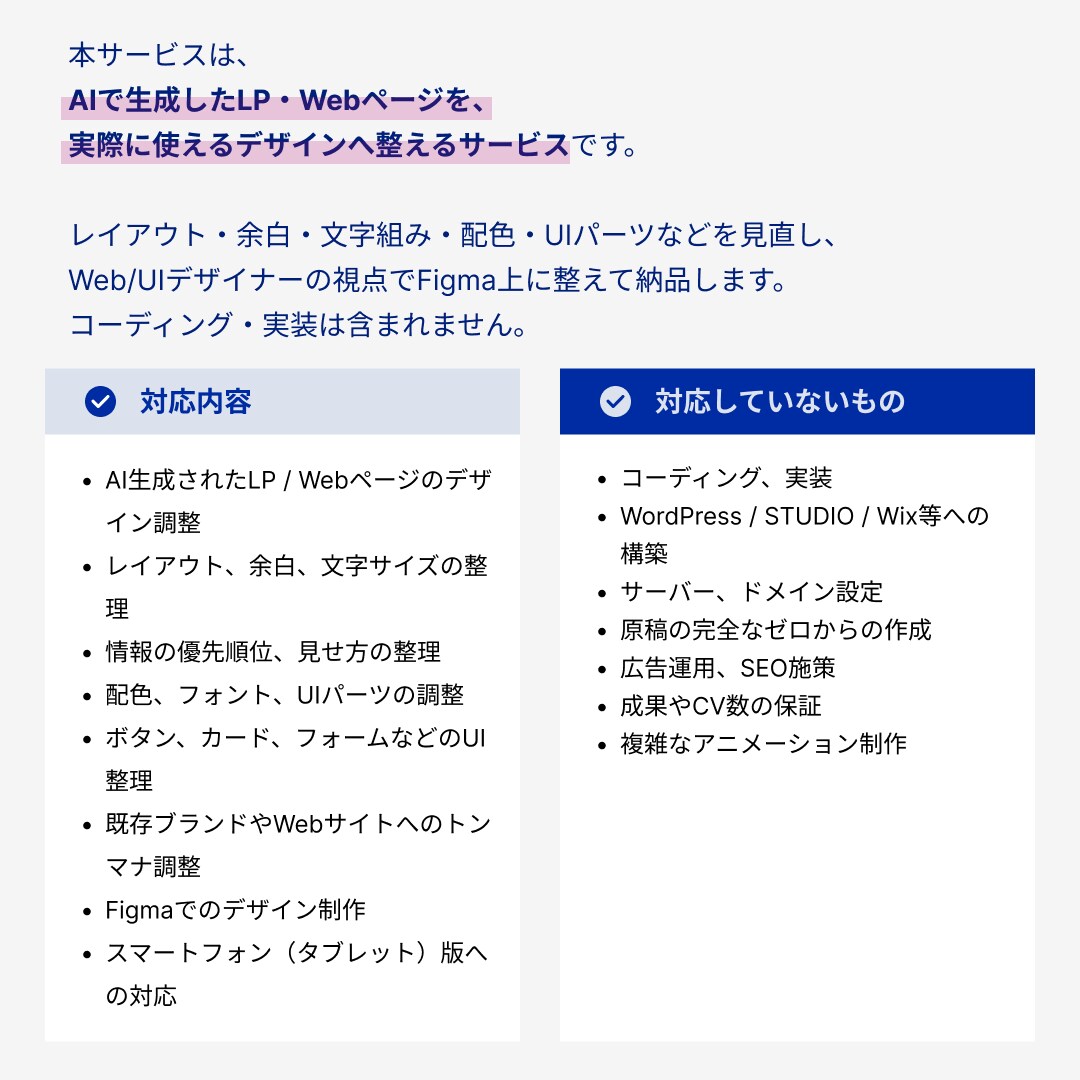 AI生成したWebデザインをプロ仕様に整えます AIデザインをそのまま使わず、構成からFigmaで整えます イメージ4