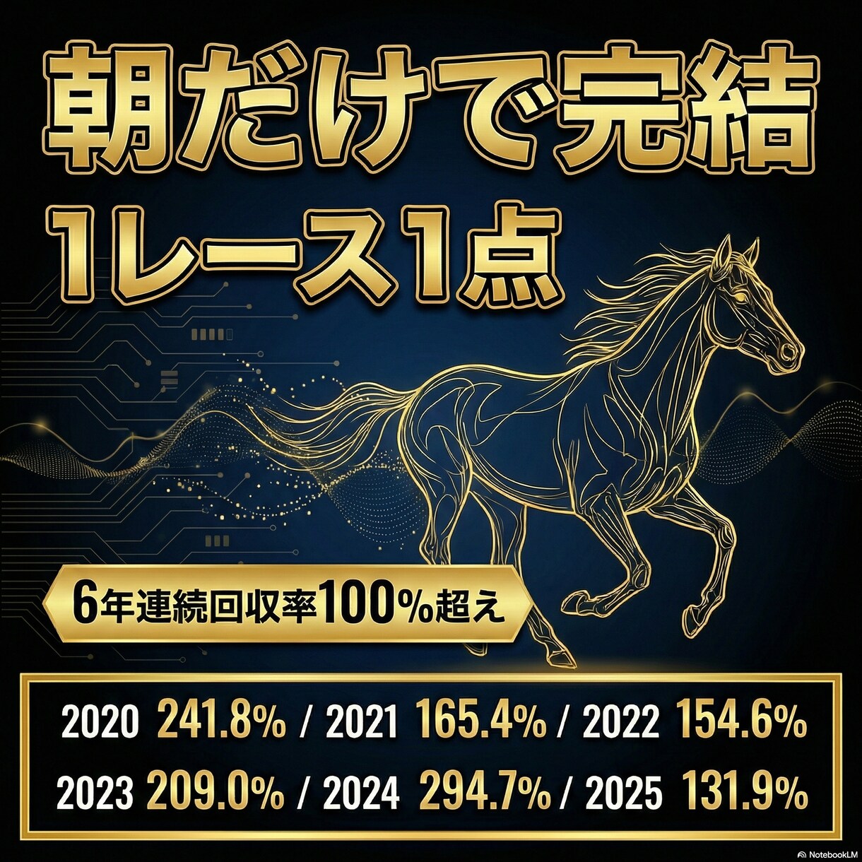 朝のレースを厳選し長期で稼ぐ1点買い手法を渡します 過去6年のデータから年間回収率と安定性を追求しました イメージ1