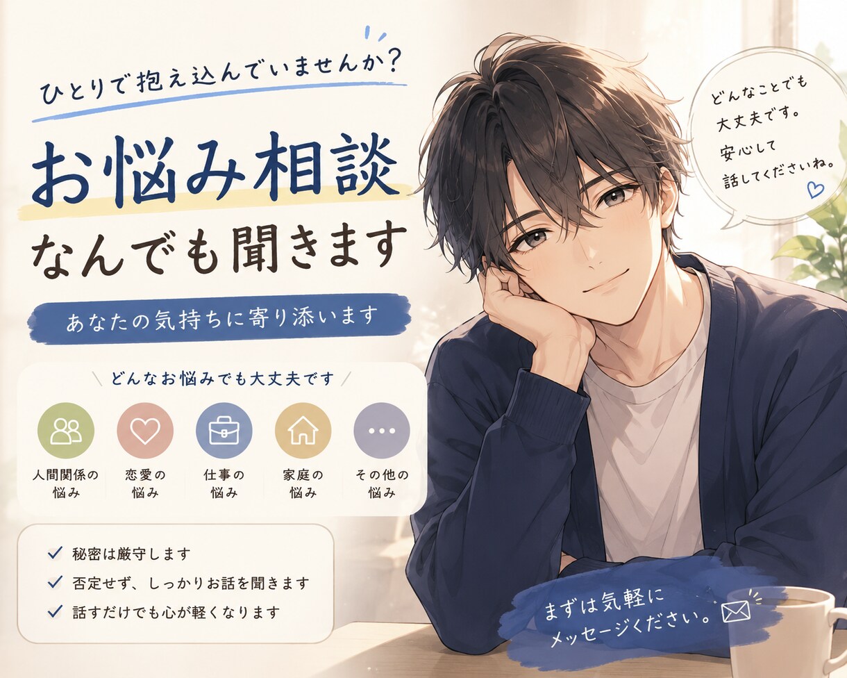 あなたのお悩み聞きます ひとりで悩まないでね。 一緒にゆっくり考えよ。 イメージ1