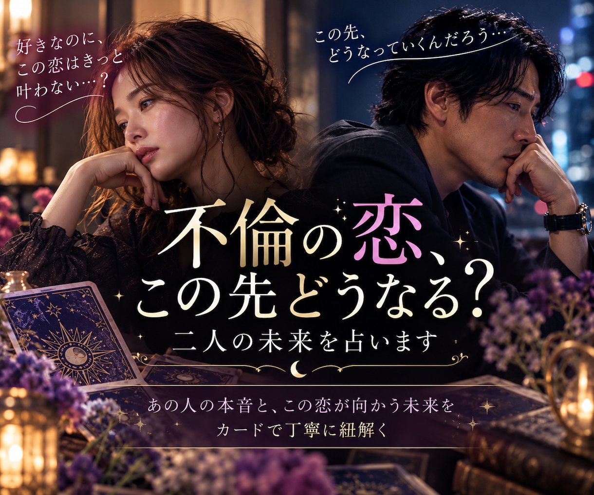 不倫の恋、この先どうなる？二人の未来を占います あの人の本音と、この恋が向かう未来をカードで丁寧に紐解く イメージ1