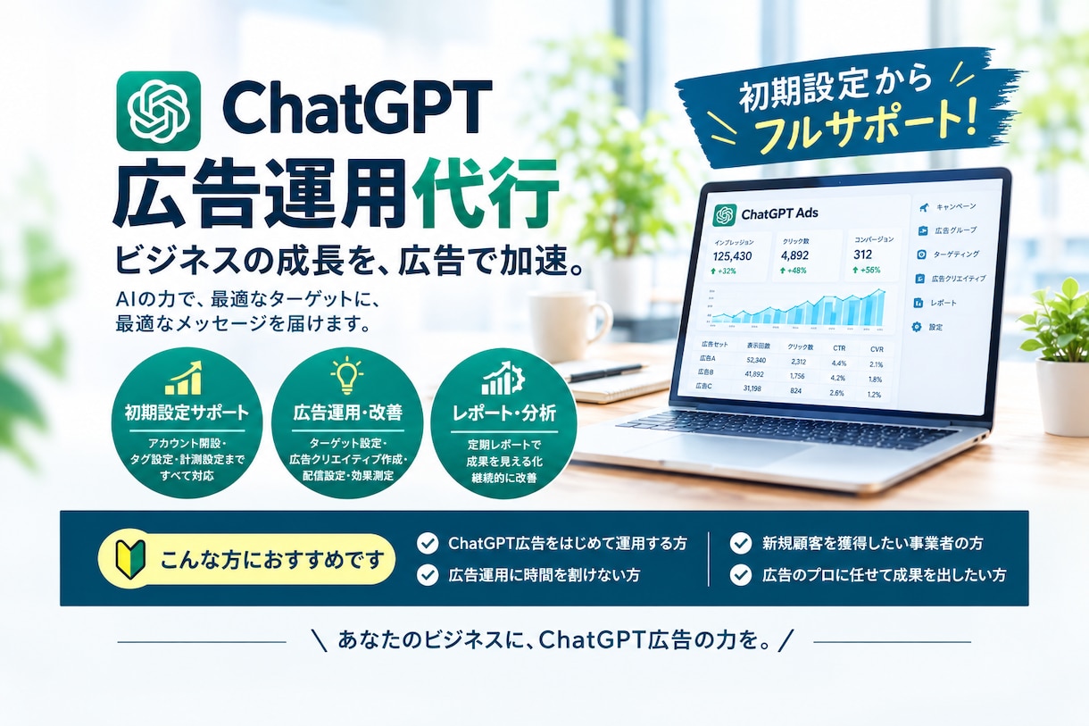 ChatGPT広告初期設定～運用代行いたします 【2026/11/30までにご依頼の特別価格】【法人様限定】 イメージ1