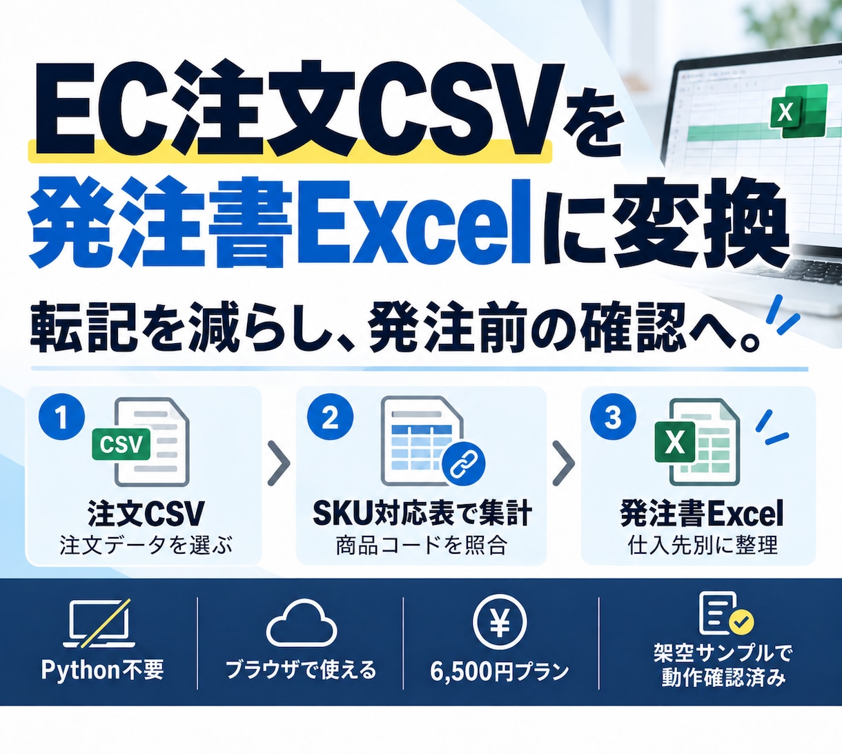 EC注文CSVを発注書Excelに変換します 注文の転記作業を減らし、発注前の確認に集中 イメージ1