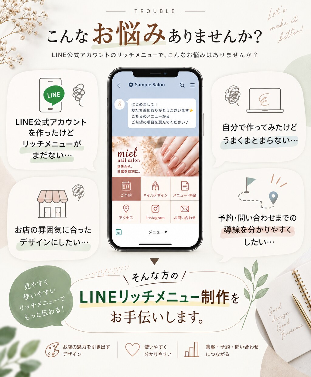 伝わるLINEリッチメニューをデザインします 見やすさと雰囲気を大切に、サービスをわかりやすく整えます イメージ2