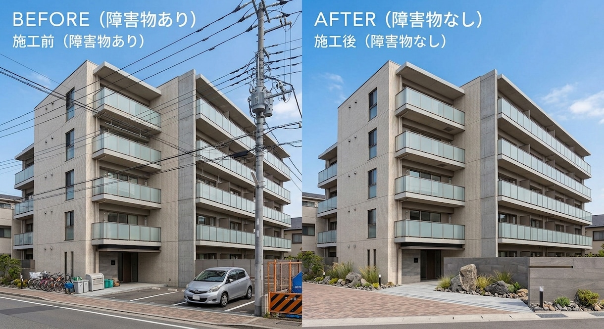 建築物の外観補正・不要物の削除 丁寧に仕上げます 【レタッチ】建築物の電線 車 削除、青空に変更、木を植える等 イメージ2