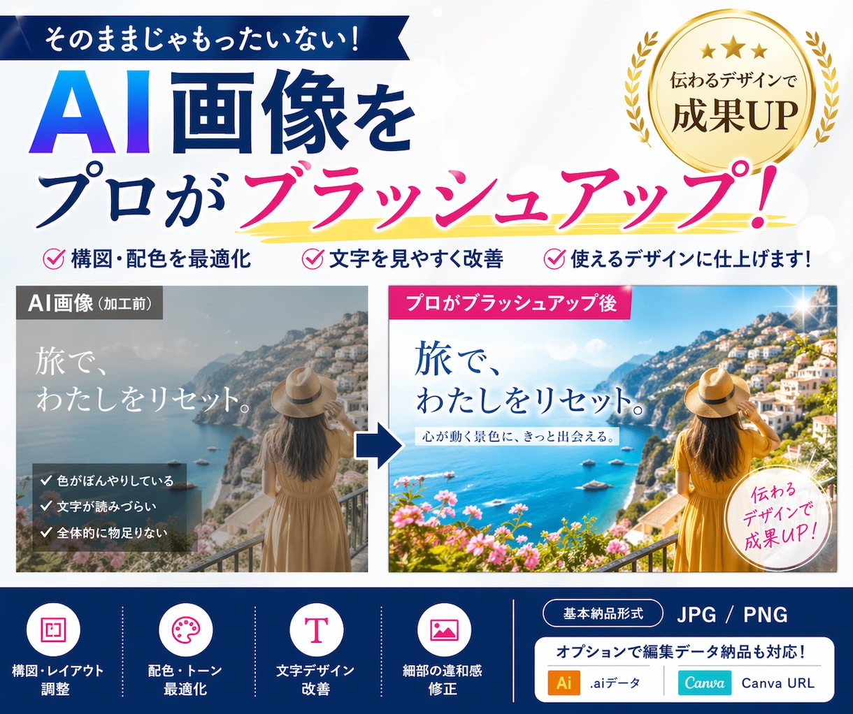 AI生成画像をプロが使えるデザインに改善します 構図・配色・文字を調整。商用で使えるクオリティに仕上げます イメージ1