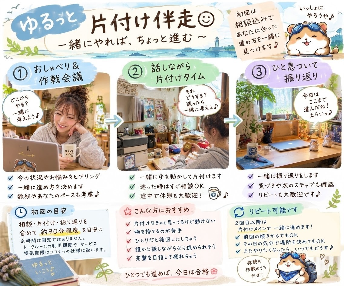 片付けなきゃにゆるっと90分伴走します いつかやらなきゃをゆるっと一緒に無理なく始めませんか？ イメージ3