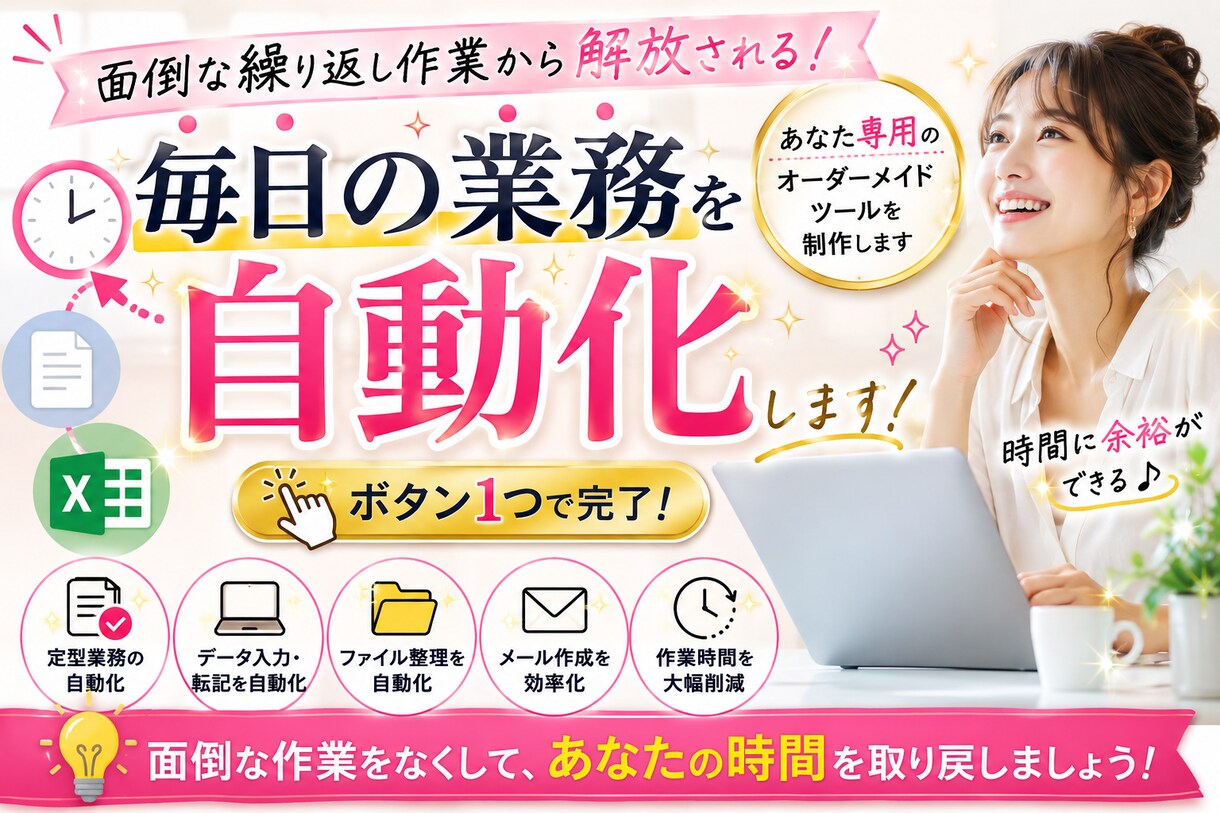 毎日の事務作業を自動化して時間を生み出します 毎日30分〜2時間かかる作業をボタン１つで終わらせませんか？ イメージ1