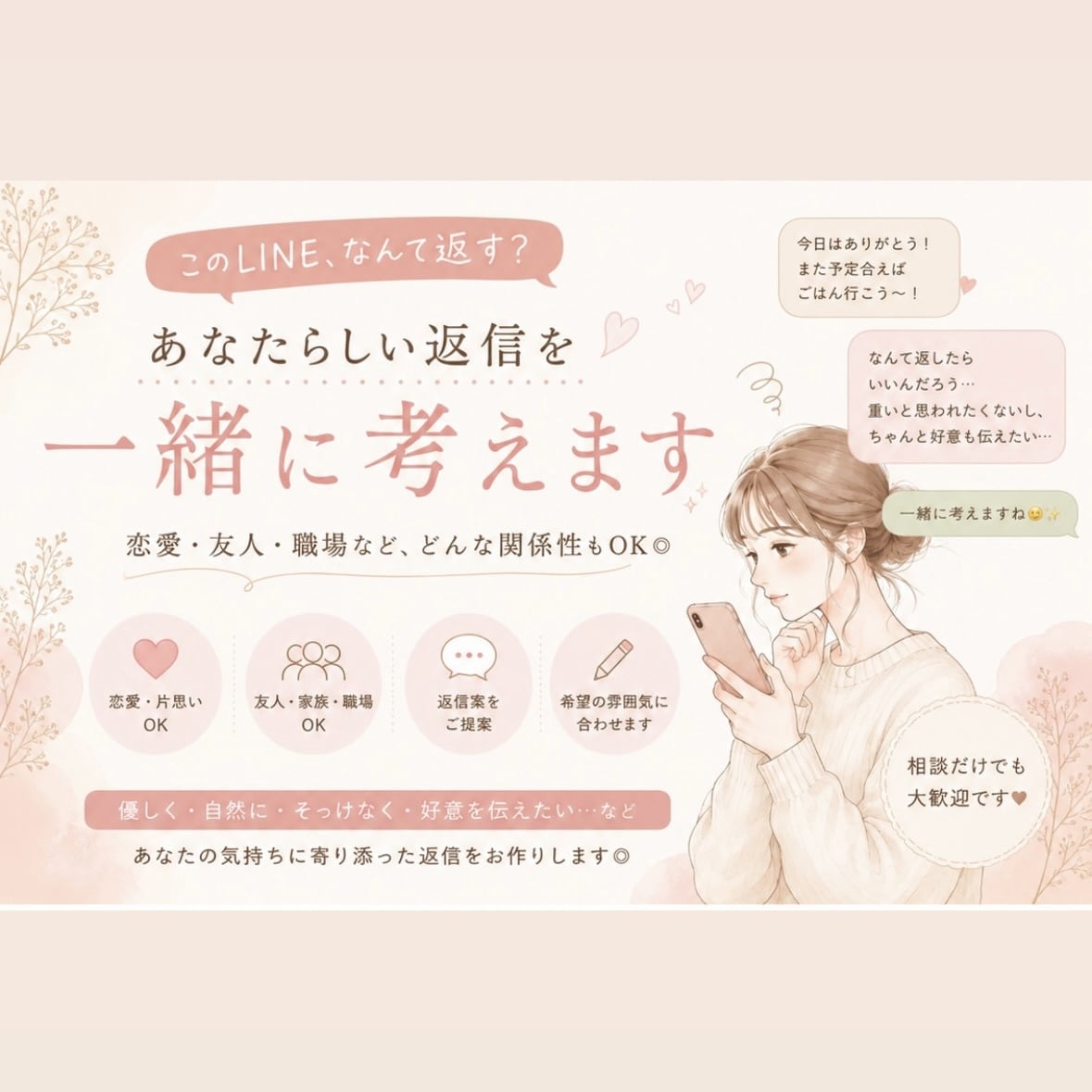 LINE・メッセージの返信文を一緒に考えます 「このLINE、なんて返す？」を一緒に解決します◎ イメージ1