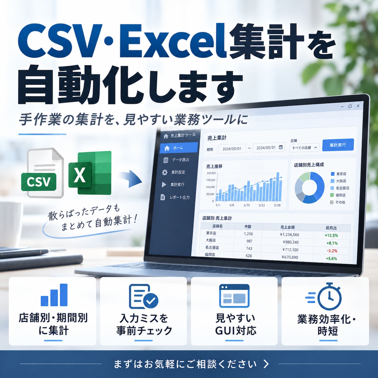 CSVの集計・整形を自動化します 面倒なCSV集計を使いやすい・見やすいツールにします！ イメージ1