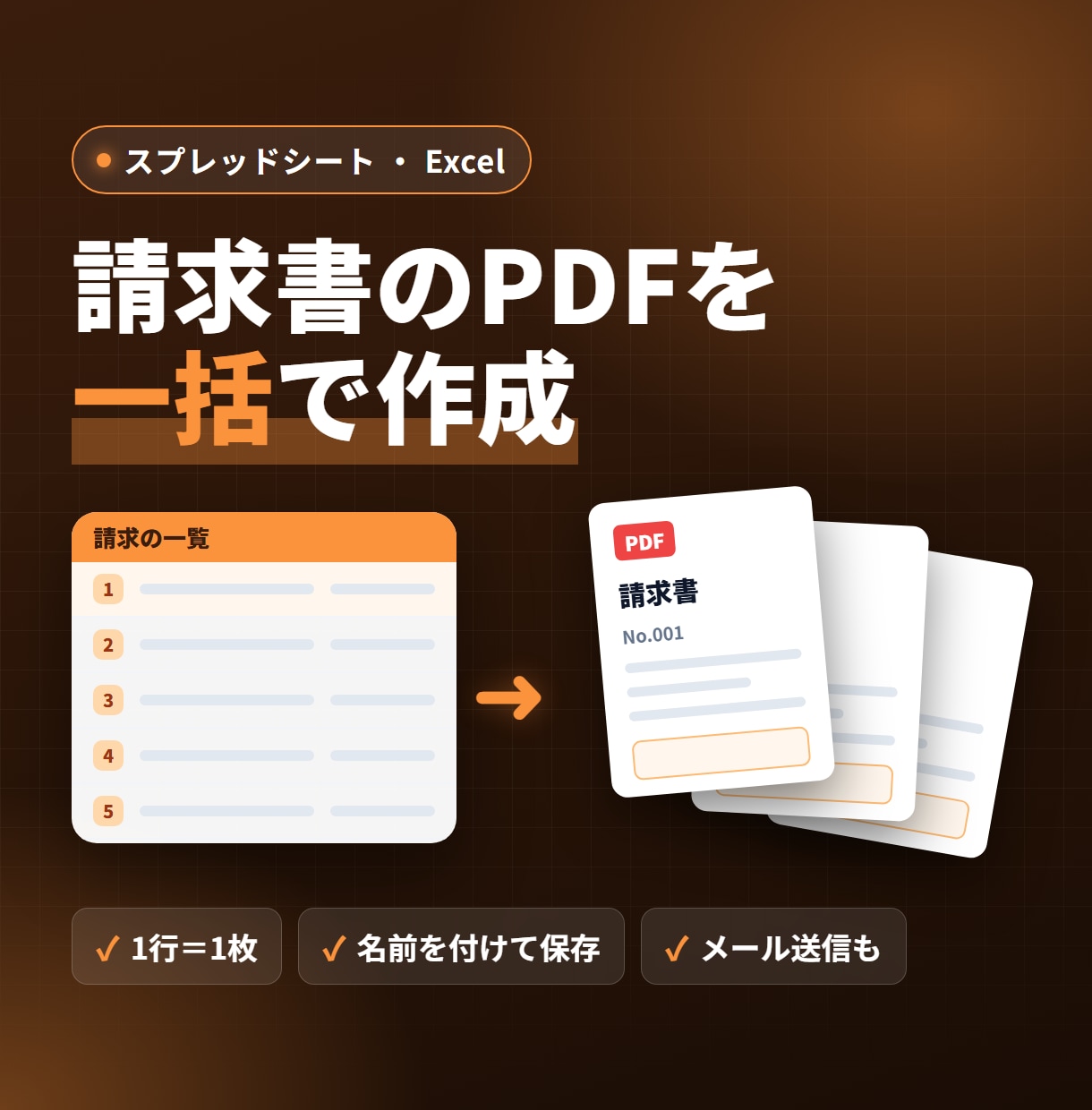 一覧から請求書などのPDFを一括で作成します 1行=1枚。差し込み・保存・メール送信まで イメージ1